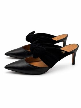 Tory Burch Eleanor Black Leather Pointed Toe Mule Heels w/ Velvet Bow Size 7